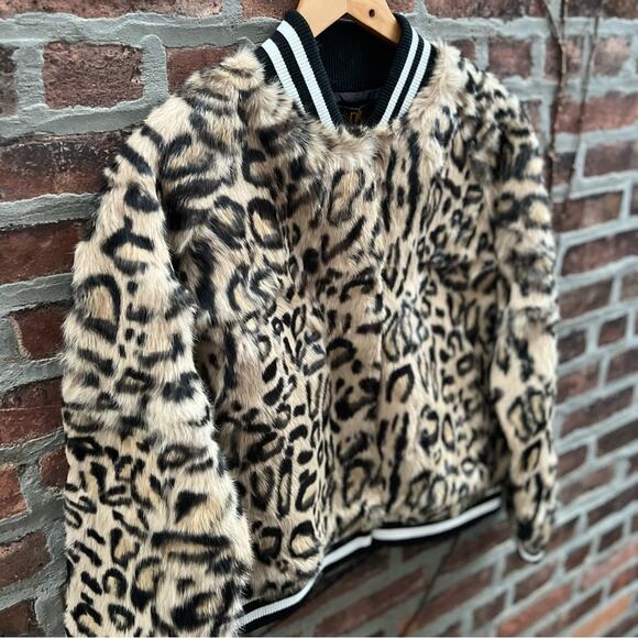 NEW Size Large Metric Units Leopard Print Real Rabbit Fur Bomber Track Jacket - Picture 2 of 8